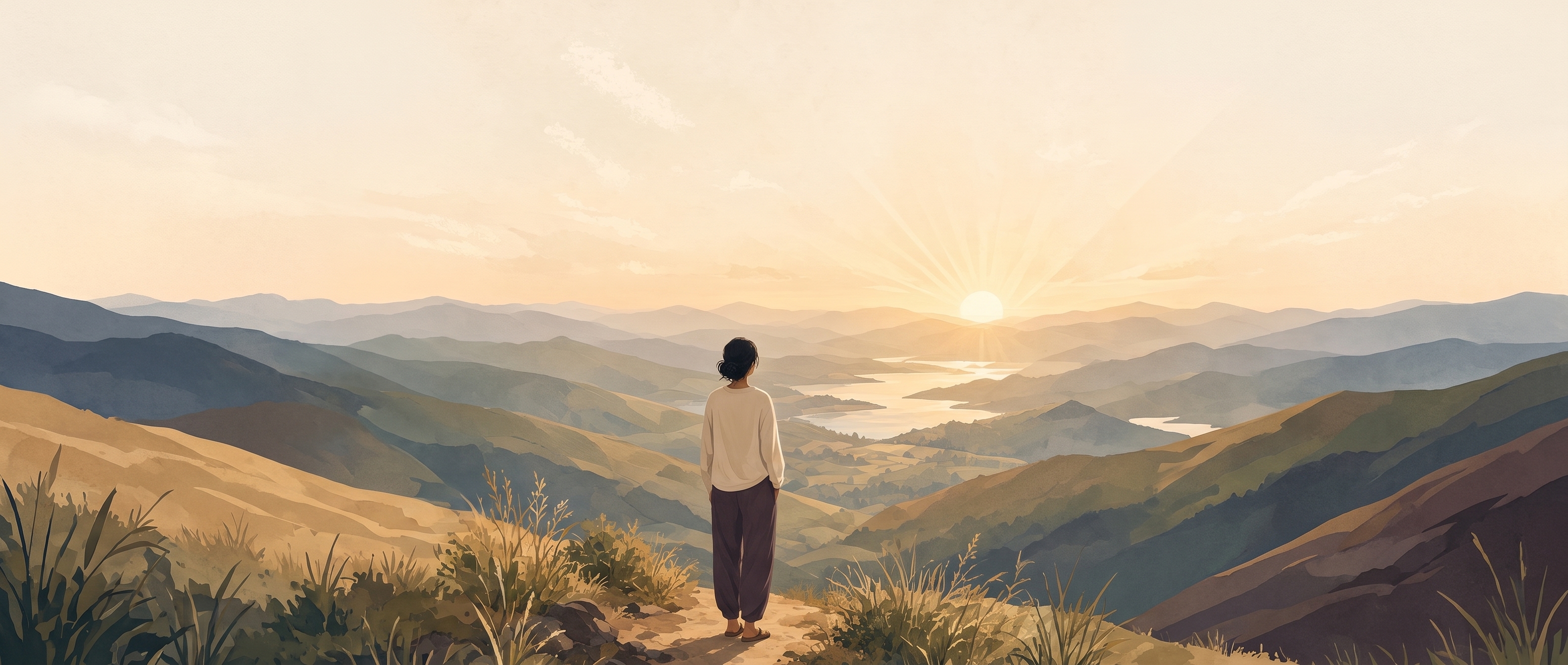 A figure looking out over a valley at sunrise