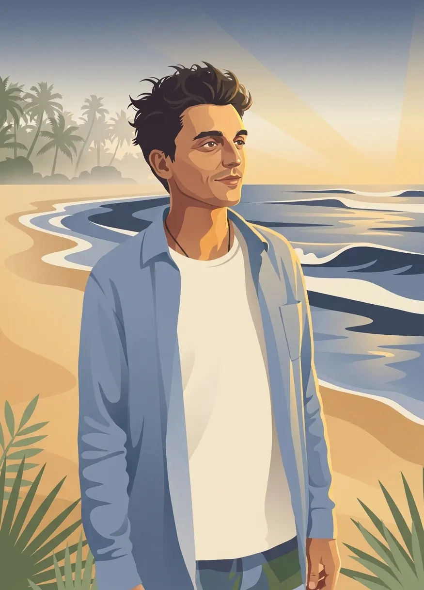 Standing on a sun-kissed sandy beach at golden hour