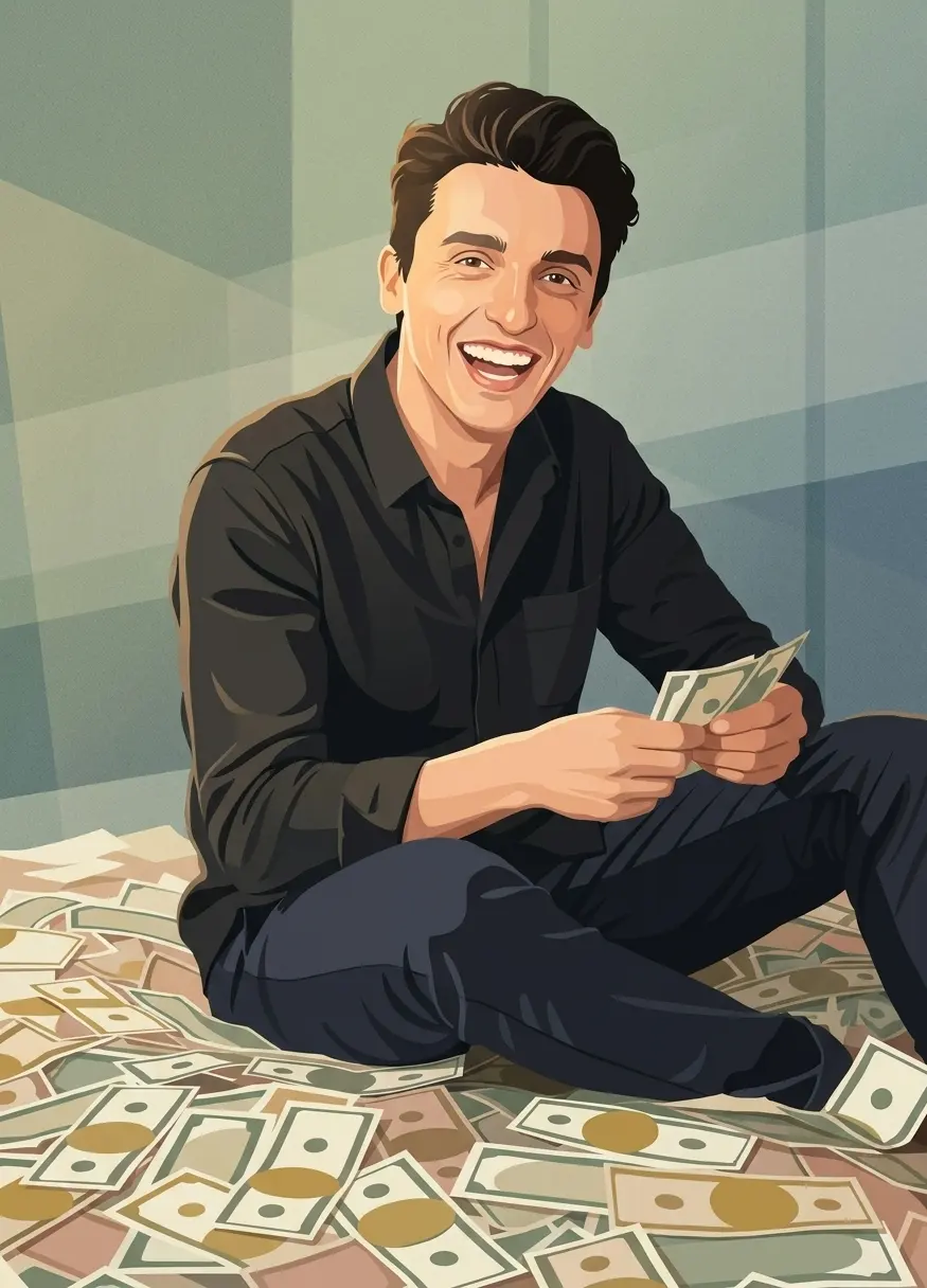 Seated on a large pile of scattered cash