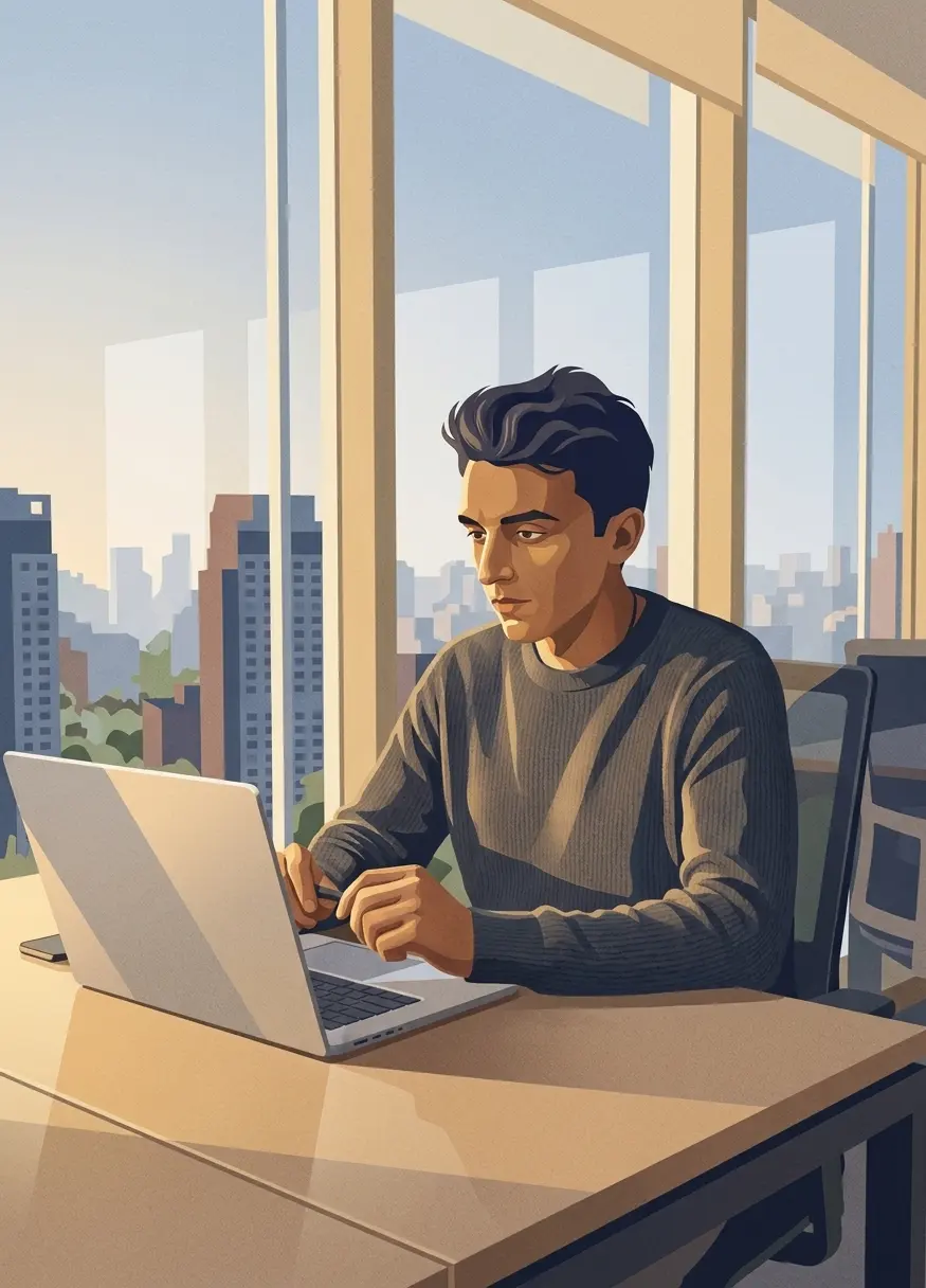 Working at a minimalist desk in golden-hour light