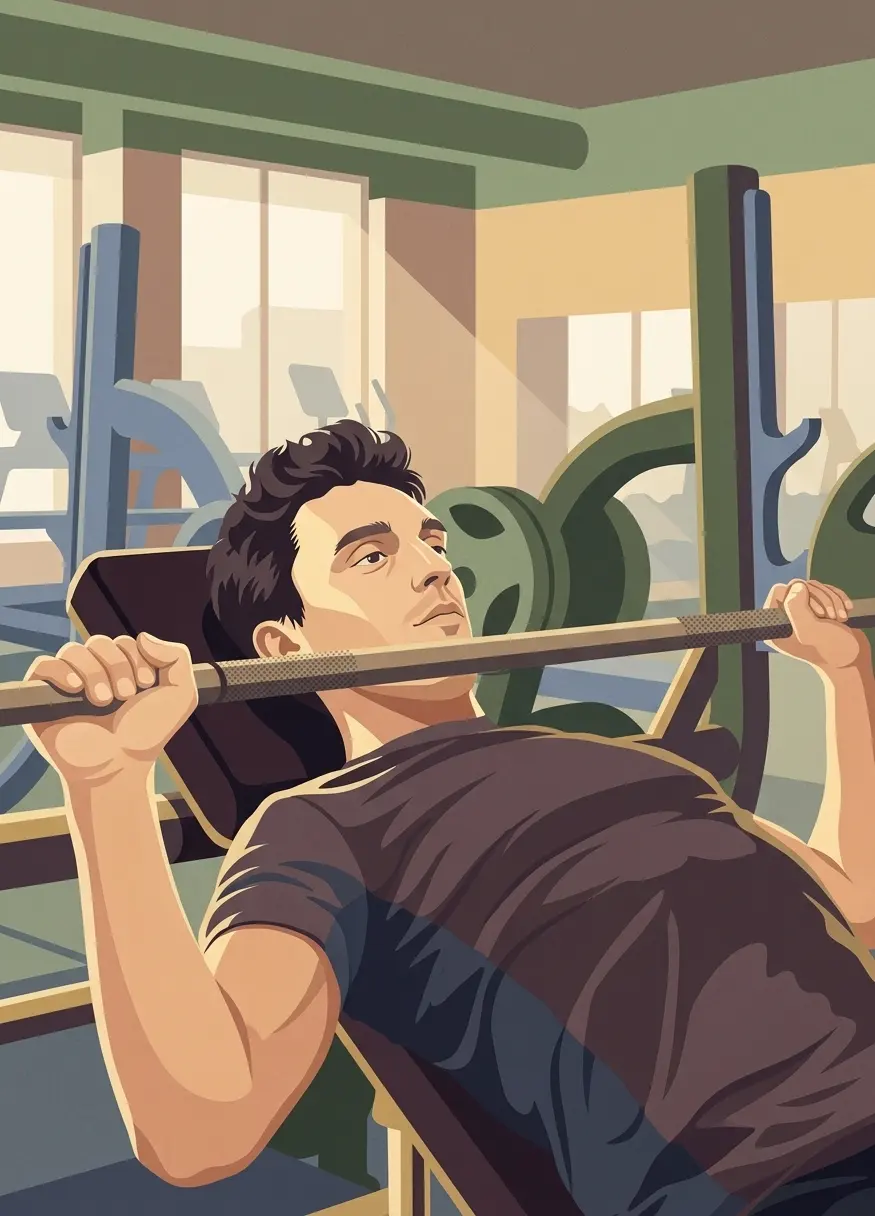 Bench pressing with controlled form in a bright, modern gym